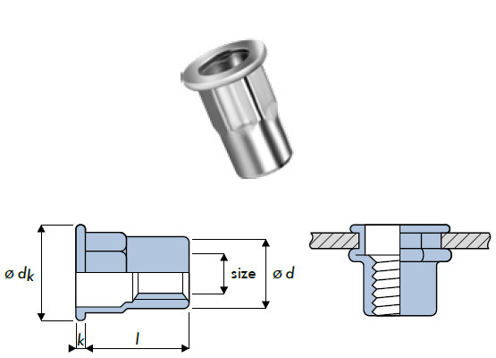 Q-nut Blindnietmutter Stahl Teilsechskant FK M4 offen