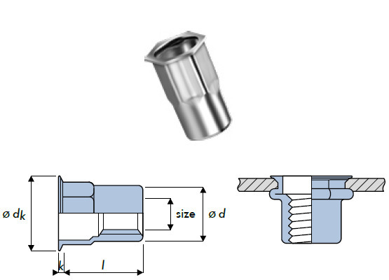 Q-Nut Blindnietmutter Stahl Teilsechskant kleiner SK M6 offen