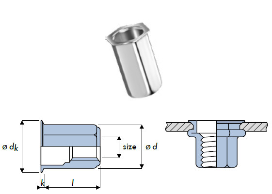 Q-nut Blindnietmutter Stahl Vollsechskant kleiner SK M10 offen