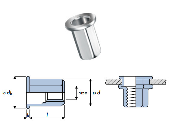 Q-Nut Blindnietmutter Stahl Vollsechskant FK M4 offen